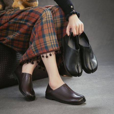 2026春季新款头层牛皮英伦风分趾两穿单鞋一脚蹬百搭女鞋