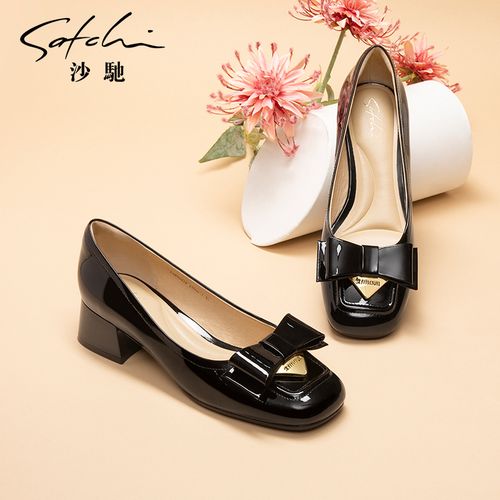 沙驰女鞋粗跟中跟浅口单鞋2025年秋季新款甜美蝴蝶结职业通勤鞋女主图