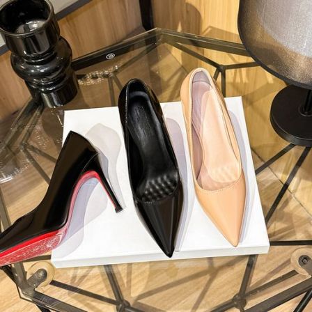 M漆皮尖头红底高跟鞋女小码气质性感职业百搭大码加肥单鞋女