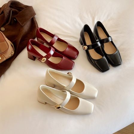 【苏茵茵】公主小金豆~方头金扣带粗高跟玛丽珍单鞋女通勤E6101020