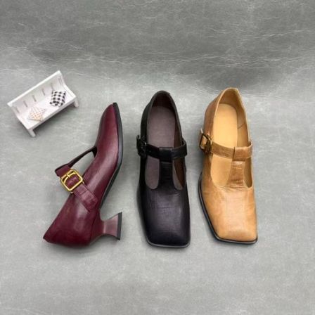 【萌萌定制】玛丽珍方头单鞋低跟粗跟春季新款女士羊皮上班不掉跟鞋