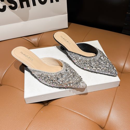 新款水滴钻尖头包头半拖鞋女轻奢风酒杯高跟女鞋主图