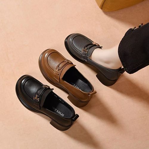 乐福鞋女士真皮中跟皮鞋软底春秋新款鞋子软皮粗跟单鞋百搭妈妈鞋主图