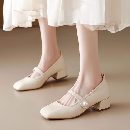 真皮4CM简约法式玛丽珍鞋粗跟高跟鞋一字扣上班通勤方头小跟单鞋主图