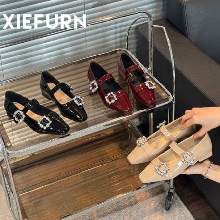 XIEFURN/鞋夫人百搭低跟玛丽珍鞋女2026新款水钻一字扣浅口单鞋