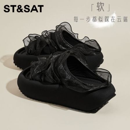 星期六法式厚底网纱拖鞋女夏季网红时尚外穿百搭小个子一字凉拖鞋