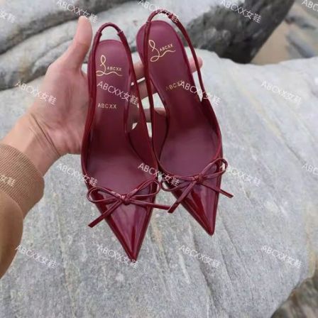 高跟鞋女尖头细跟蝴蝶结小个子细跟不累脚法式浅口漆皮后空单鞋