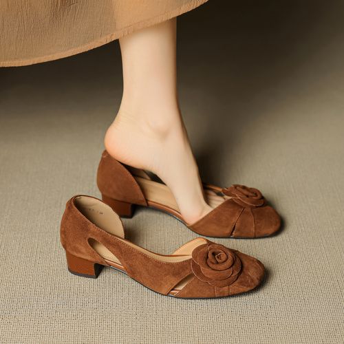法式复古花朵包头凉鞋女2025新款夏真皮方头侧空中跟小皮鞋奶奶鞋主图