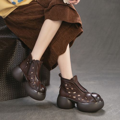 头层牛皮复古镂空凉靴女2026春夏新款厚底百搭短靴增高透气洞洞靴主图