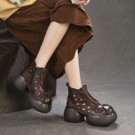 头层牛皮复古镂空凉靴女2026春夏新款厚底百搭短靴增高透气洞洞靴