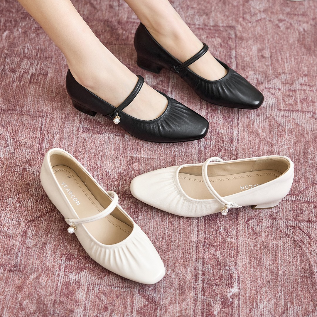 意尔康春季新款玛丽珍鞋女真皮浅口粗跟软底百搭法式复古单鞋主图