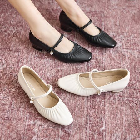 意尔康春季新款玛丽珍鞋女真皮浅口粗跟软底百搭法式复古单鞋