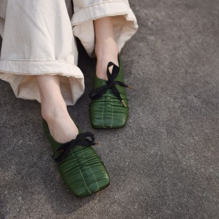 Artmu阿木复古水洗牛皮方头单鞋女平底新款蝴蝶结手工鞋1832-13