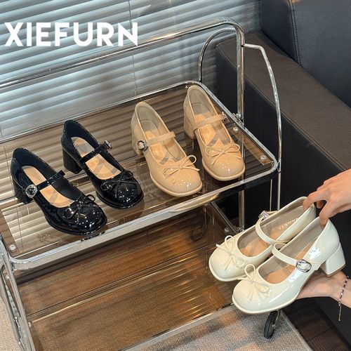 XIEFURN/鞋夫人玛丽珍女鞋粗跟2026新款温柔一字带蝴蝶结浅口单鞋主图