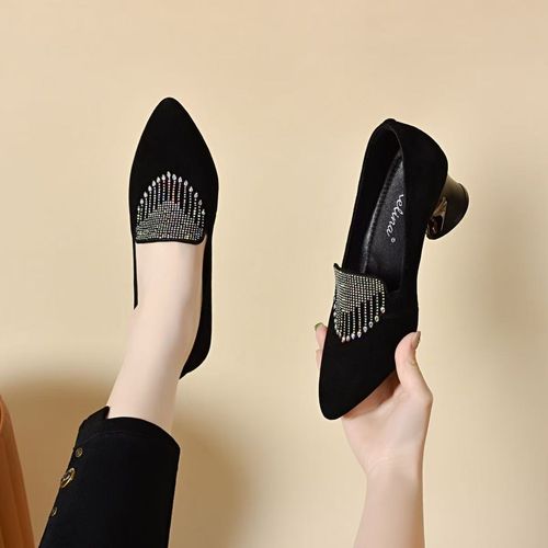 羊皮粗跟单鞋女2026秋季新款真皮尖头中跟软底鞋百搭磨砂皮女鞋主图