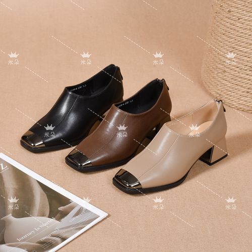 方头中跟粗跟深口单鞋2026春秋新款乐福鞋英伦风百搭皮鞋真皮女鞋主图