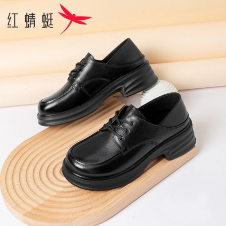 红蜻蜓时尚休闲百搭黑色真皮复古厚底英伦风时尚休闲百搭黑色女鞋