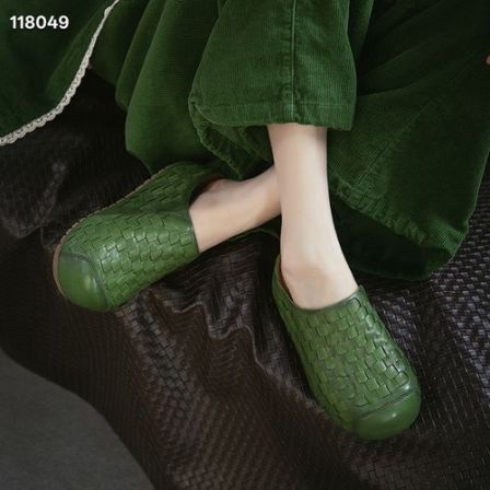 复古包头时尚头层牛皮拖鞋女款厚底休闲外穿手工编织内增高拖鞋