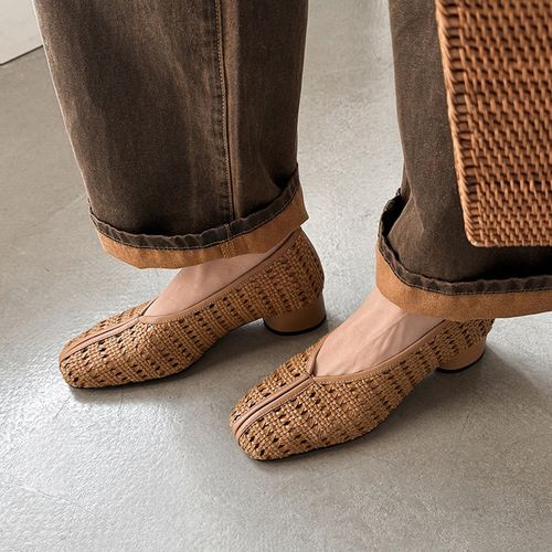 羊皮+编织~4cm夏季新款镂空透气凉鞋粗跟软底复古法式方头高跟鞋主图