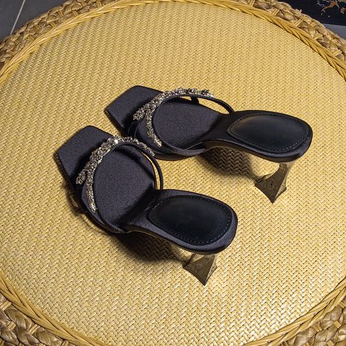 方头水钻凉鞋女细跟露趾高跟拖鞋 杨树林一字带半拖0126AL0428主图