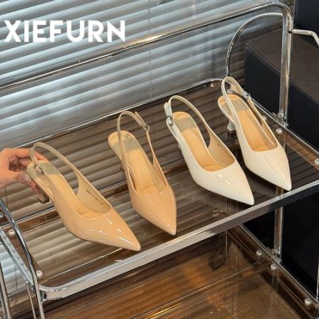 XIEFURN/鞋夫人裸色高跟鞋女2026年一字扣性感法式尖头细跟单鞋