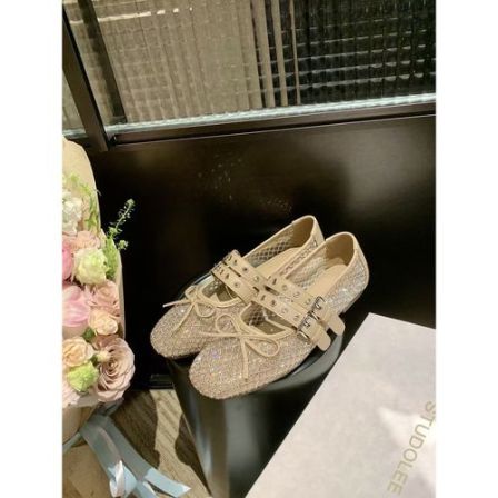 葡萄妈studiolee 闪闪镂空网面蝴蝶结双扣带芭蕾鞋早春漂亮单鞋女