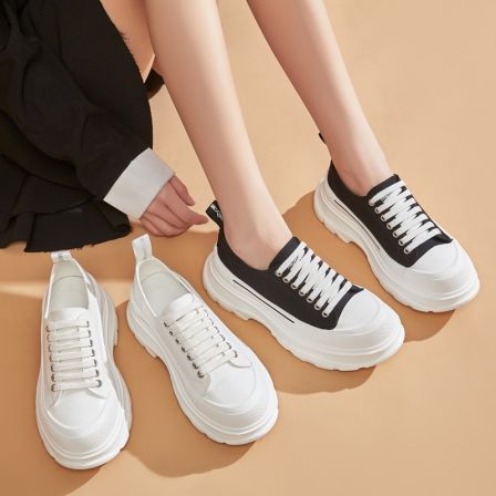 2025春季新款松糕小白鞋帆布厚底圆头女单鞋厚底增高女鞋子