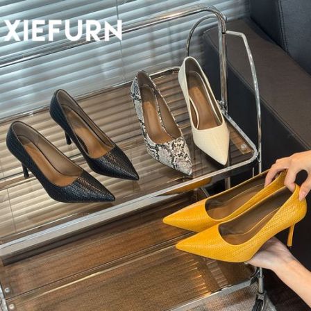 XIEFURN/鞋夫人小众设计蛇皮纹性感尖头细跟高跟鞋女2026浅口单鞋
