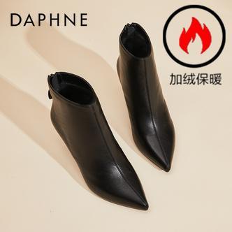 达芙妮尖头短靴女靴2025今年流行鞋子秋冬加绒保暖踝靴高跟时装靴