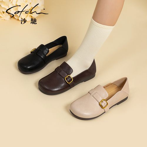 沙驰女鞋舒适平底软底单鞋2025秋冬新款一脚蹬布洛克小皮鞋女深口主图