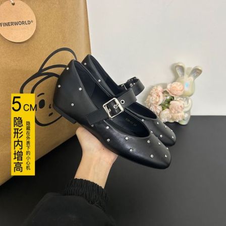 小个子法式复古风铆钉玛丽珍鞋2026年新款内增高5cm方头浅口单鞋