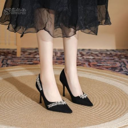 sufeifei/苏妃妃洋气水钻高跟鞋浅口尖头绒面气质黑色工作单鞋601