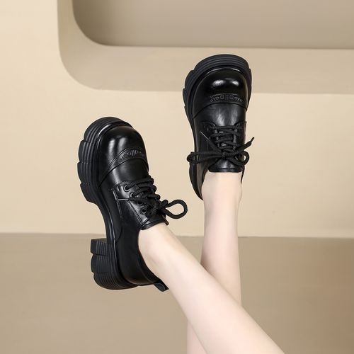 乐福鞋圆头复古春季增高常规款系带百搭黑色罗马元素厚底增高6cm主图