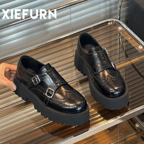 XIEFURN/鞋夫人增高乐福鞋女2026新款黑色百搭透气英伦风小皮鞋主图