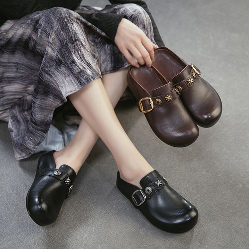 复古包头真皮女款平底休闲外穿半拖透气勃肯拖鞋主图