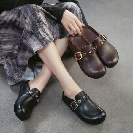 复古包头真皮女款平底休闲外穿半拖透气勃肯拖鞋