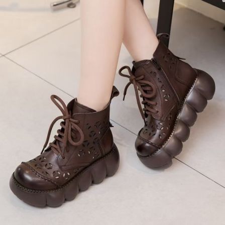 2227百凉靴夏季新款牛皮复古厚底马丁靴镂空透气圆头休闲百搭凉靴