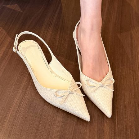 elingstudio 循环心动！温柔奶白蝴蝶结尖头凉鞋女后空浅口凉拖鞋