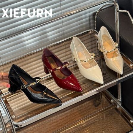 XIEFURN/鞋夫人粗跟玛丽珍鞋6cm4cm复古小皮鞋女尖头浅口单鞋