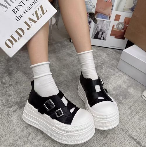 广州欧货【简糖】早春真皮魔术贴6cm复古圆头洋气松糕鞋1266-10主图