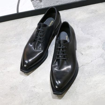 马皮尖头一片式牛津鞋复古水洗男士休闲皮鞋时尚设计德比鞋