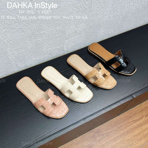 包头凉拖鞋女士平底雾面鳄鱼纹沙滩夏季方头外穿中跟一字拖薄款主图