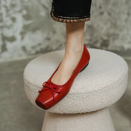 软牛皮~1.5cm红色法式方头浅口单鞋软底蝴蝶结玛丽珍平底真皮女鞋主图