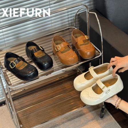 XIEFURN/鞋夫人玛丽珍鞋单鞋布洛克花雕小皮鞋女2026春新款一字带