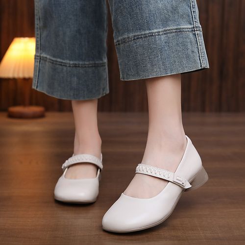 春秋夏新款头层牛皮透气百搭圆头女士浅口单鞋主图