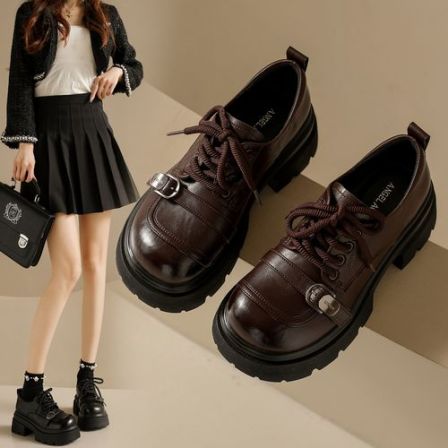 2026春季新款厚底增高系带乐福鞋女黑色爆款单鞋复古英伦jk小皮鞋