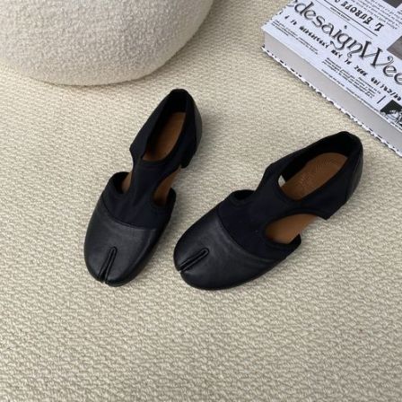 软底分趾鞋平底夏季外出一脚蹬女鞋橡胶拼接复古玛丽珍包头单鞋