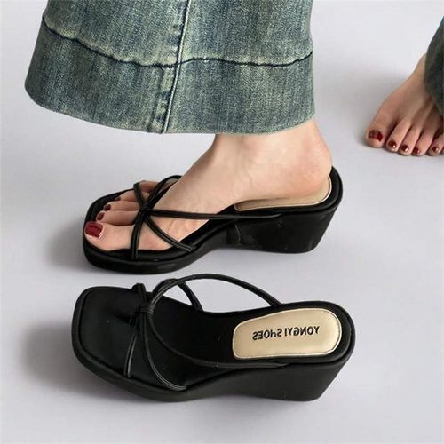 小个子厚底增高凉鞋女外穿2025新款夏季坡跟凉鞋黑色夹脚人字拖鞋主图