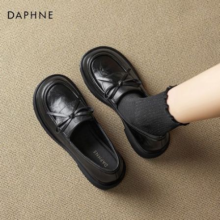 达芙妮软底乐福鞋女2026春季蝴蝶结复古英伦风休闲百搭黑色小皮鞋