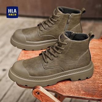 HLA/海澜之家男鞋新款春季时尚皮面系带增高工装靴百搭耐磨休闲鞋